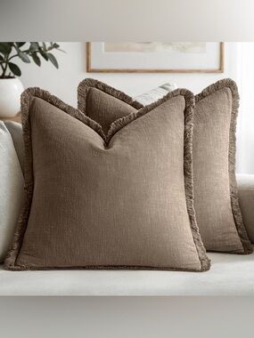 Set of 2 Fringed Cocoa Brown Decorative Throw Pillow Covers 18x18